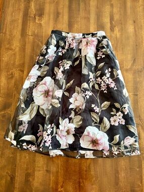 Forever 21 Black Midi Skirt with Pink Floral Print